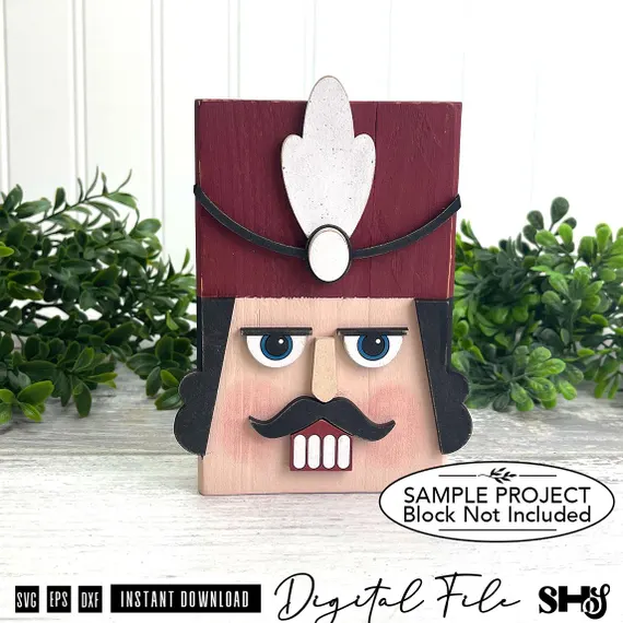 Nutcracker Face Block SVG | Christmas Shelf Sitter Block Decor XCS | Layered Laser Cut File