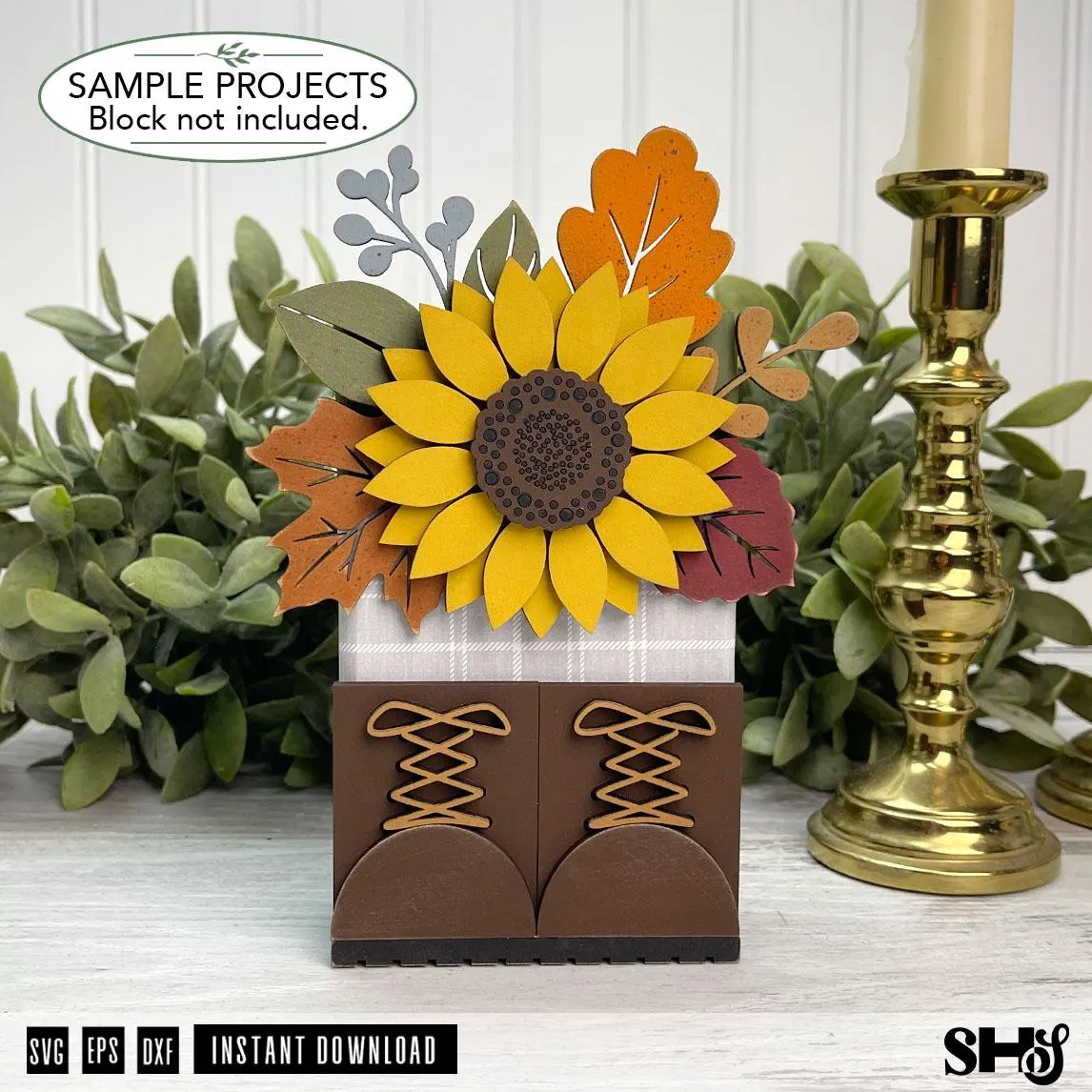 Fall Boots Sunflower Shelf Sitter SVG | Autumn Boots Wood Block Laser Cut File