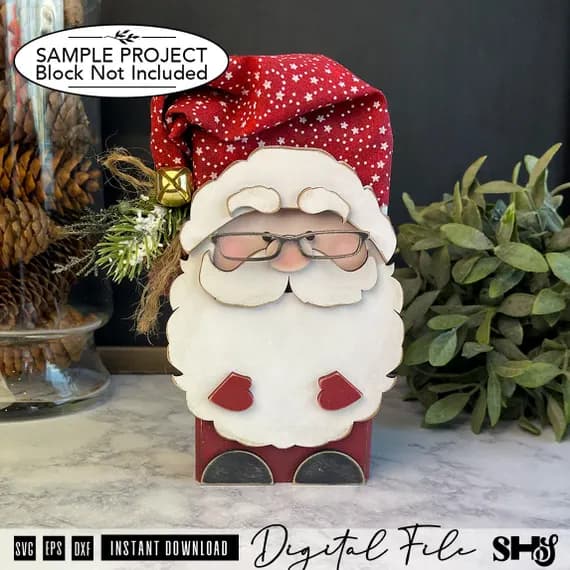 Santa Face SVG Bundle | Christmas Shelf Sitter Block Decor | Layered Laser Cut File