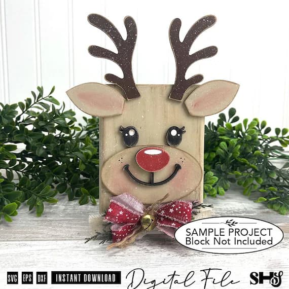 Reindeer Face SVG | Christmas Shelf Sitter Block Decor | Layered Laser Cut File