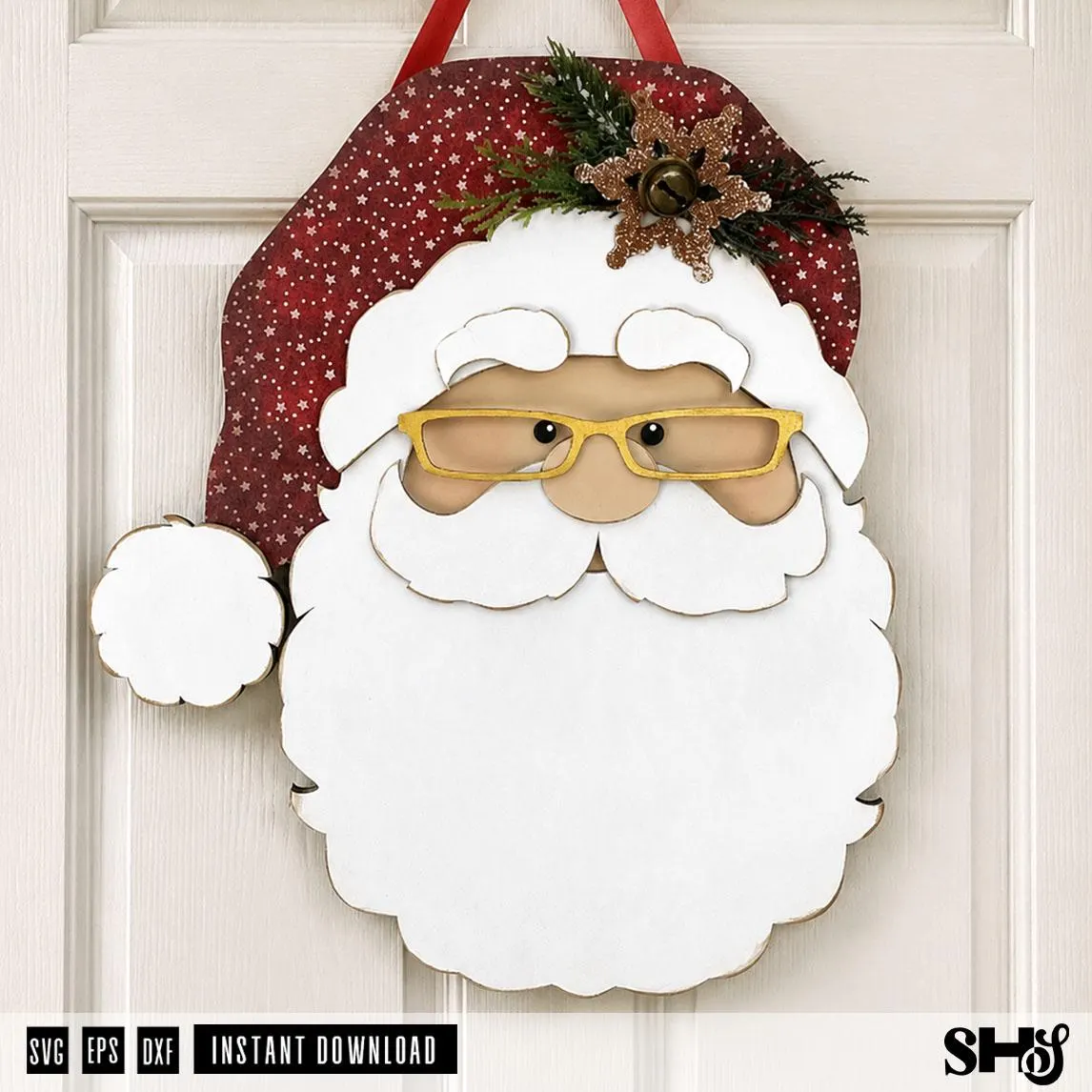 Santa Face Sign Laser Cut File | Merry Christmas Interchangeable Hanging Sign SVG