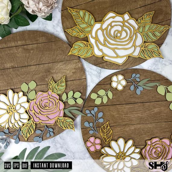 3D Flower Sign Bundle Laser Cut SVG | Flower 3D Wooden Sign | Floral Wall Art | Floral Bundle SVG | Baby Name Nursery Sign | SVG eps, dxf