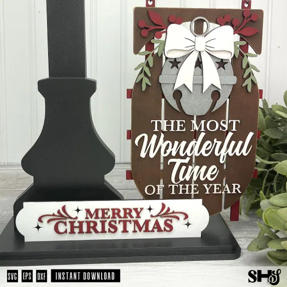 Christmas Interchangeable Sign Laser Cut File | Holiday Sled Interchangeable Post Sign SVG | Most Wonderful Time of Year