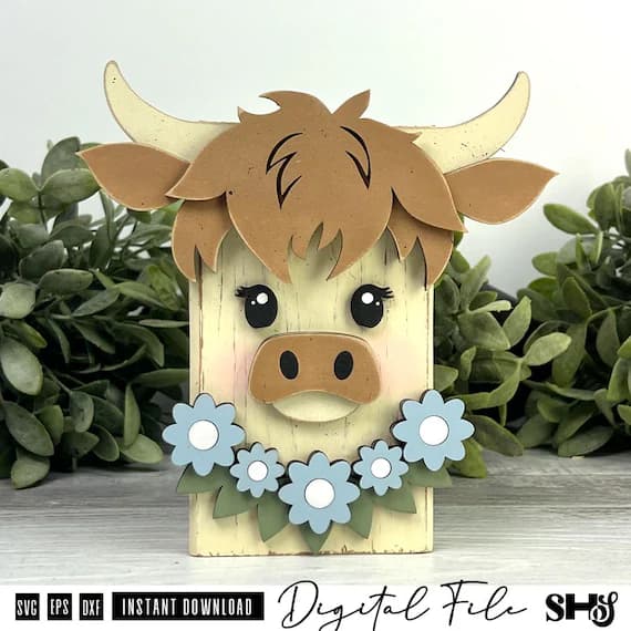 Highland Cow SVG | Highland Cow Wood Block Face Laser Cut File