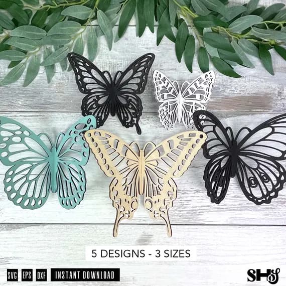 3D Butterfly SVG Bundle for Laser Cutting | 5 Butterfly Designs in 3 Sizes | Laser Cut Butterfly Files | svg dxf eps