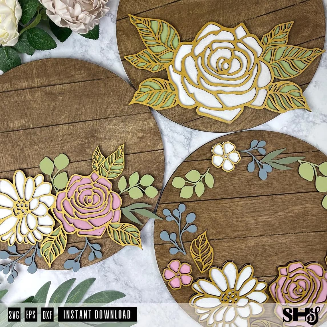 3D Flower Sign Bundle Laser Cut SVG | Flower 3D Wooden Sign | Floral Wall Art | Floral Bundle SVG | Baby Name Nursery Sign | SVG eps, dxf